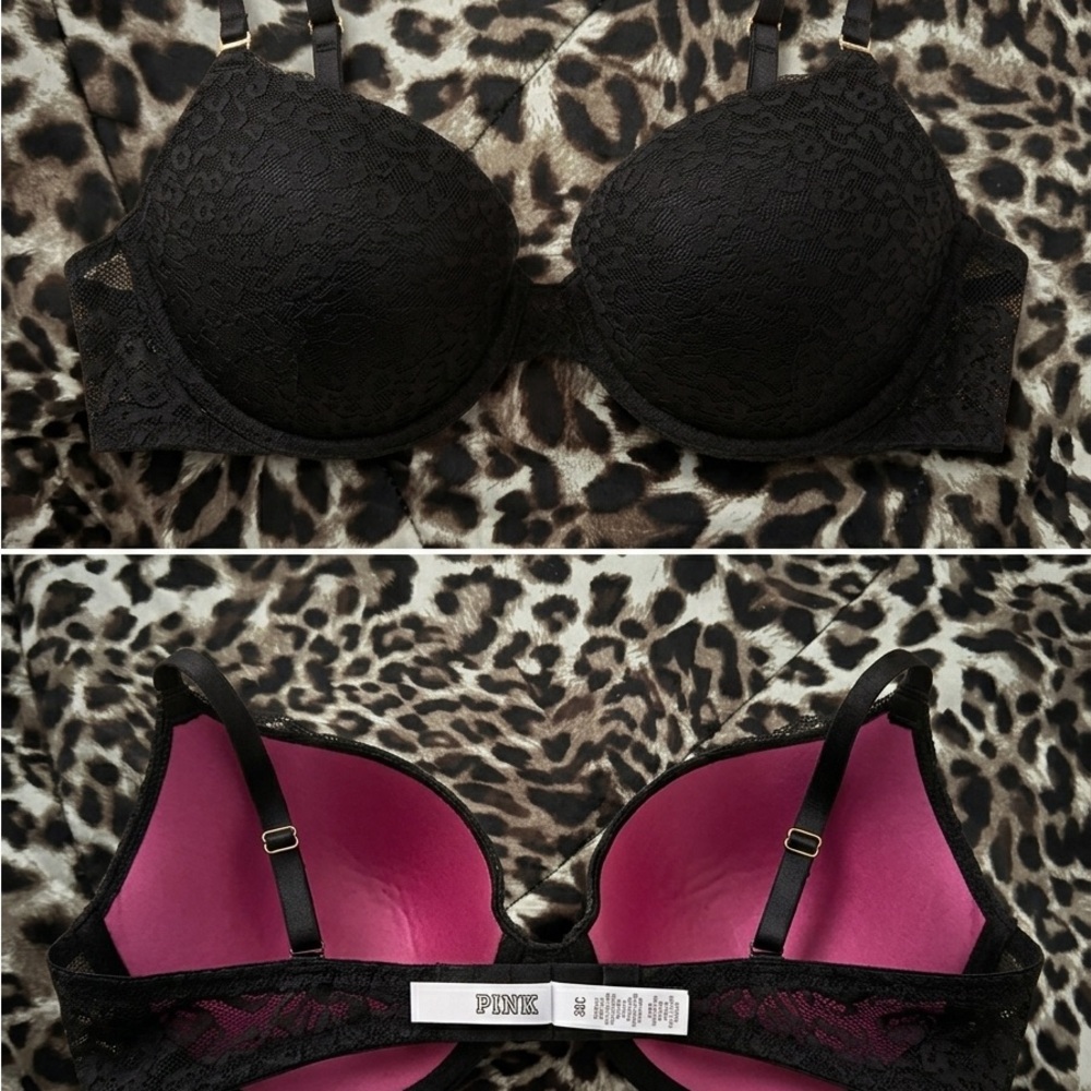 PINK Victoria’s Secret Black Leopard Lace Bra - 38C